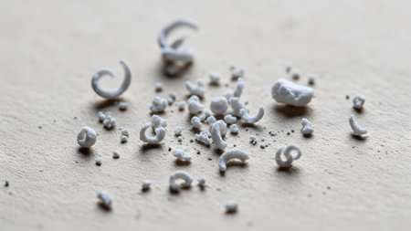 A collection of small, irregularly shaped white particles and dark dust scattered on a textured...