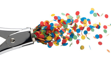 Abstract showing silver hole punch ejecting a vibrant burst of colorful confetti circles on a...