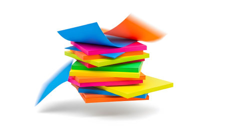 A dynamic stack of bright neon sticky notes in orange, blue, pink, yellow, and green, with some...