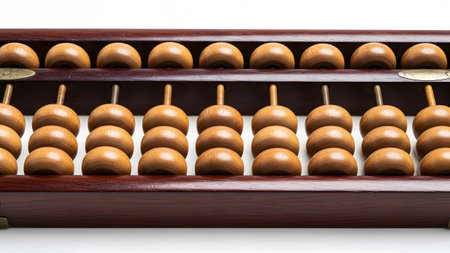 showing traditional wooden abacus with brown beads and dark wood frame on white...