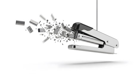 Supplies showing silver stapler suspended by a thread exploding into fragments and staples on...