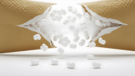 Spilling showing torn cardboard tube spilling white packing peanuts onto a white surface with...