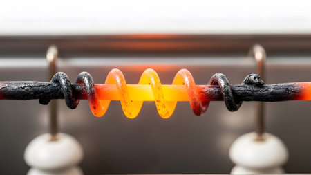 Stock showing red hot glowing metal coil on a wire with black charred ends. resolution...