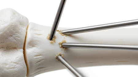 showing metal pins inserted into a white bone model with small debris particles...
