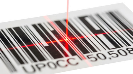 Black showing red laser scanner beam illuminating black and white barcode with numbers on white...