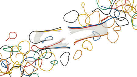 Background showing scattered colorful rubber bands and a torn transparent plastic sheet on a...