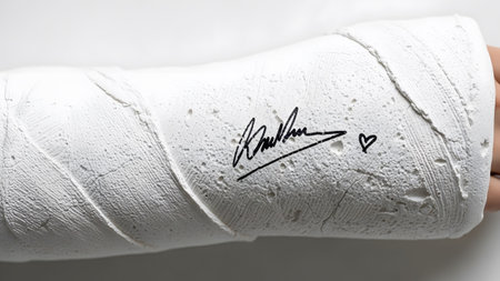 Black showing white plaster cast on an arm with a heart. resolution...の写真素材