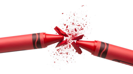 showing two red crayons snapping in half with debris flying on a white background.