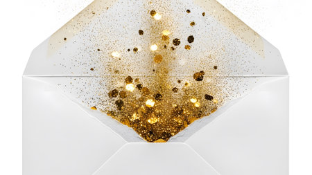 Shiny showing white envelope spilling golden glitter and sparkles on a clean white background...の写真素材