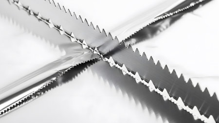 Foil showing two intersecting serrated silver foil edges creating a sharp x shape on a...