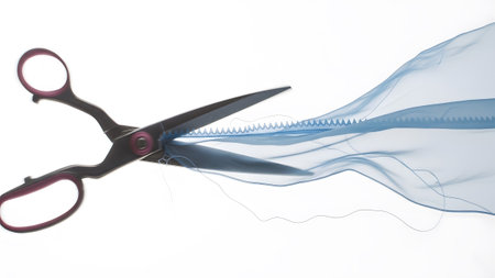 Silver scissors with pink handles cutting a translucent blue fabric, creating a delicate wavy...