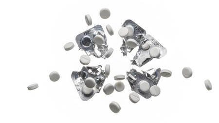 White pills scattered around torn silver blister packs on a bright white background.......