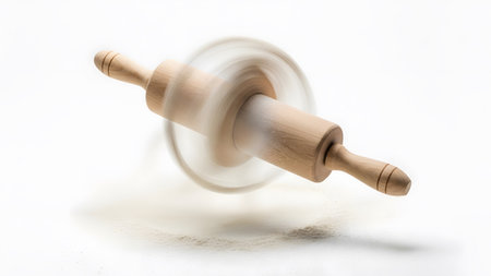 Wooden rolling pin with flour spinning fast creating a blurred disc of motion on...