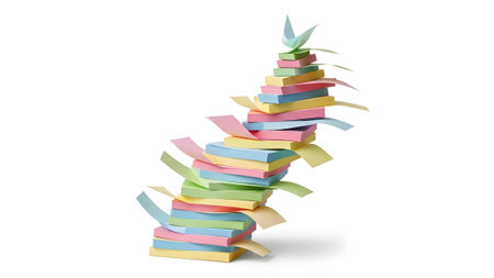 Colorful unstable stack of colorful sticky notes with papers flying outward.