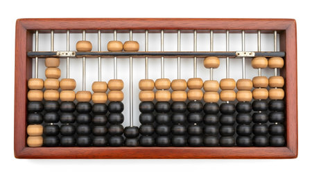 Black showing wooden abacus with black and tan beads on white background down view.