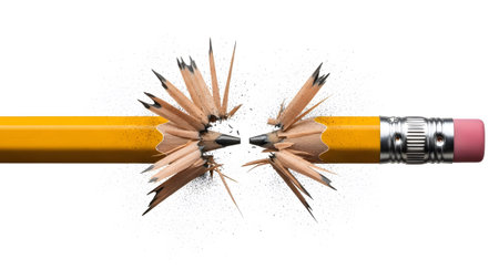 A bright yellow pencil snaps in the middle, sending wood shavings and dark graphite fragments...