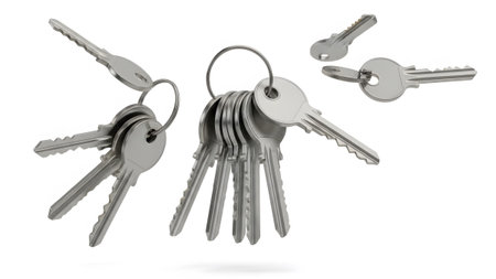 Stock showing several silver metal keys on keychains scattered and floating on a white...