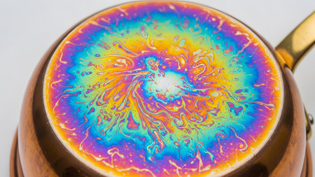 A vibrant swirl of iridescent rainbow colors creates an abstract pattern on the surface of a...
