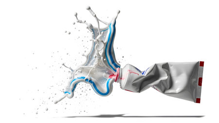 A toothpaste tube squeezes out white and blue paste in a dynamic splash against a white background.
