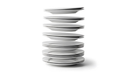 A stack of white ceramic plates with thin black rims appears to float on a clean white background.