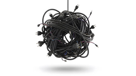 Multiple showing tangled ball of black electrical cords with multiple plugs hanging on a white...