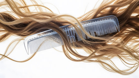 Wavy showing transparent hair comb resting on flowing blonde and brown wavy hair strands...