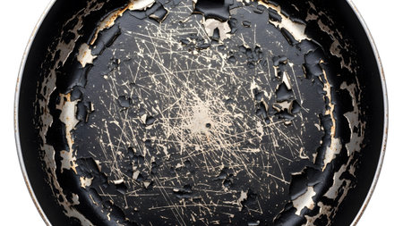 Stock showing view of heavily scratched and peeling non-stick frying pan surface.