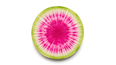 Ingredient showing slice of watermelon radish with vibrant pink center and green rind isolated...