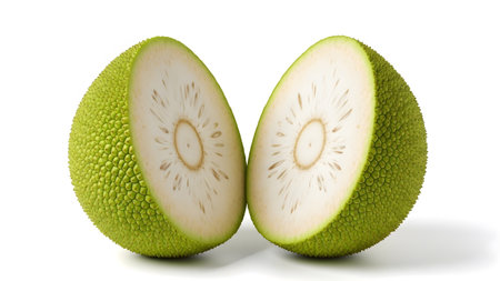 Green showing two halves of a ripe green jackfruit showing fibrous interior and seeds.
