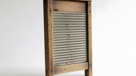 Shown showing vertical view of an antique washboard with corrugated metal and weathered wood...