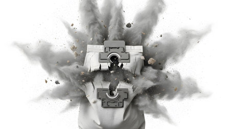 A vacuum cleaner bag explodes outwards, scattering dust and debris against a stark white background.