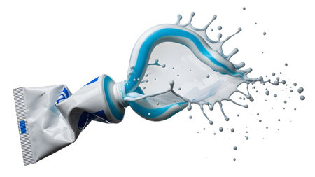 Shown showing white and blue toothpaste splashing out of a squeezed tube with droplets on white...