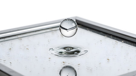 showing water droplet suspended above a ripple on a metallic surface with reflection.
