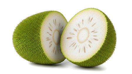 Jackfruit showing whole green jackfruit cut in half revealing white flesh and seeds.