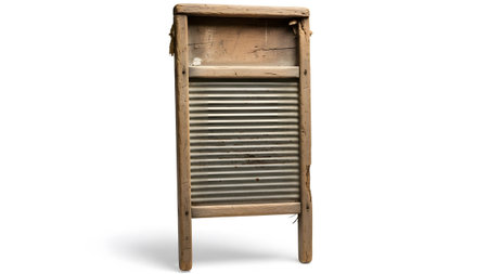 A vintage wooden washboard with a corrugated metal surface is shown at an angle on a white...