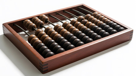 Abacus showing wooden abacus with dark and light brown beads in a wooden frame on white.
