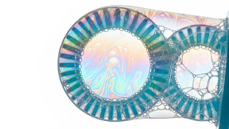 Multiple showing abstract close-up of multiple iridescent soap bubbles forming circular patterns...