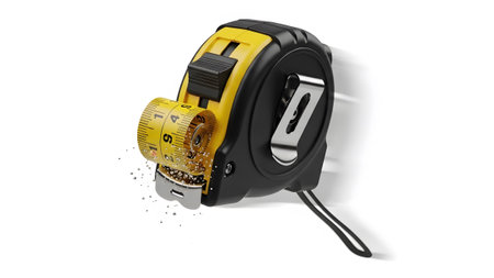 Black showing yellow and black tape measure with yellow measuring tape extending outward.