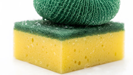 Green showing yellow sponge with green scrubber and water droplets macro. resolution