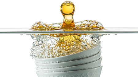 Stacked showing yellow liquid splash with bubbles in water above stacked white patterned bowls....