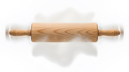 Wooden showing wooden rolling pin with flour dust in motion on white background. resolution...の写真素材