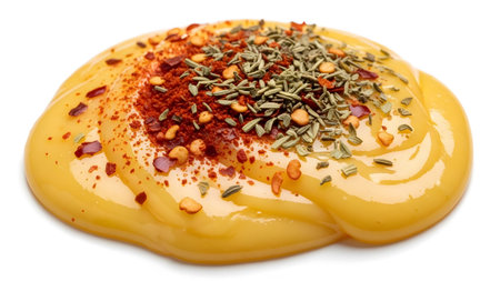 A dollop of bright yellow mustard sauce topped with red pepper flakes and dried green herbs on a...の写真素材