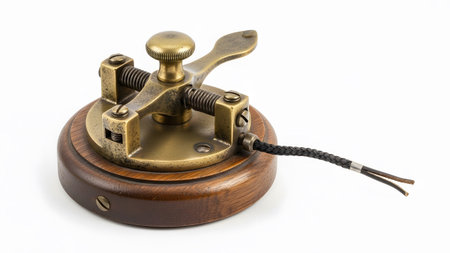 An antique brass telegraph key with a wooden base and a braided cord sits on a white background.