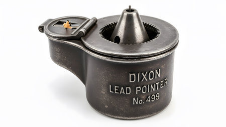 A dark metal vintage Dixon Lead Pointer No 499 pencil sharpener with a conical and geared opening.