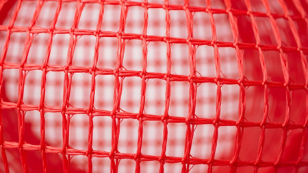 showing abstract close-up of red plastic mesh netting with a uniform grid structure.の写真素材