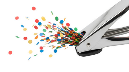 A silver hole punch creates a burst of colorful confetti circles against a clean white background.の写真素材