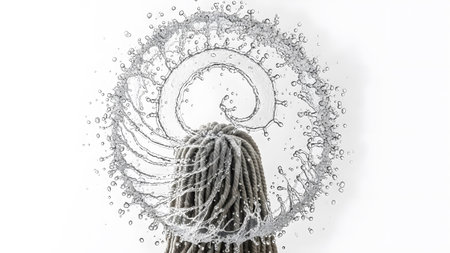 Grey showing grey mop head with water splash forming a spiral shape against a white background....