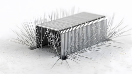 Extreme close-up of a silver metal staple remover with numerous sharp spikes protruding from its...