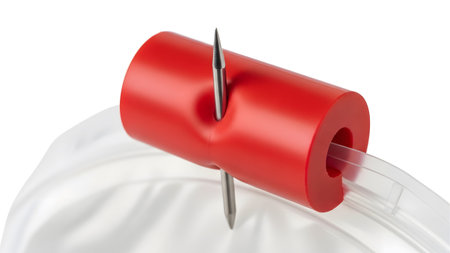 A red cylindrical is pierced by a metal spike, with a clear tube exiting its side....