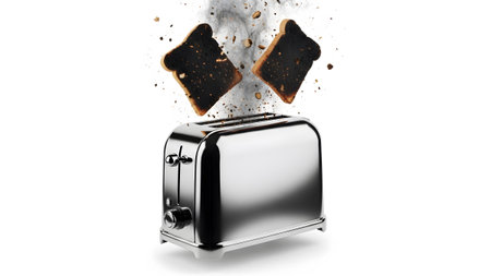 Stock showing chrome toaster ejecting burnt toast slices with smoke on white background.